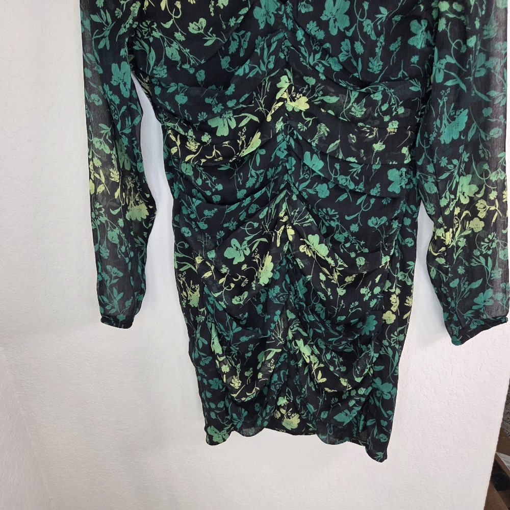 A New Day Green Floral Ruched Mesh Bodycon Mini Dress Size Medium - Picture 4 of 15